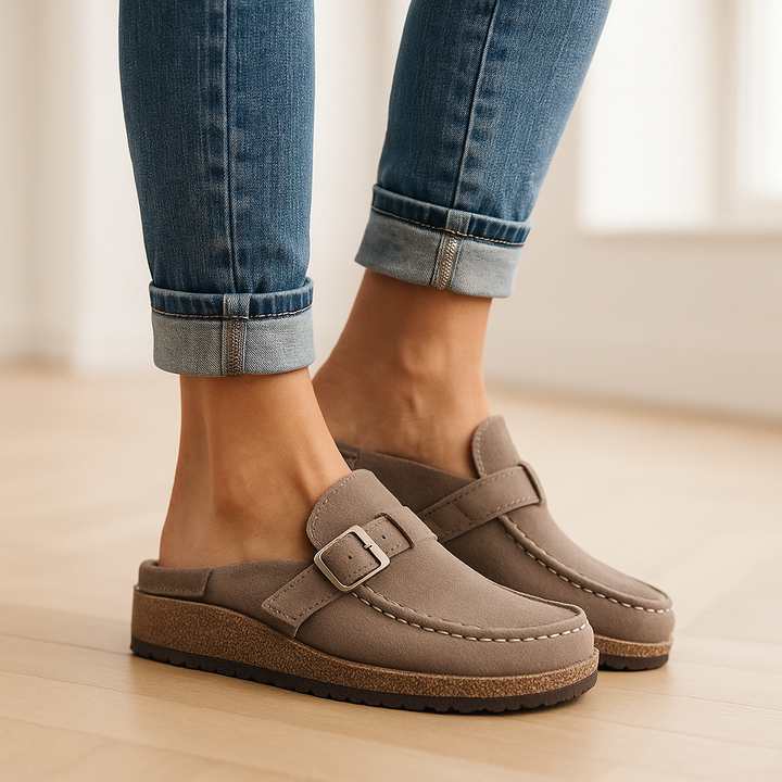 Women's Summer Slip-On Buckle Mules with Cork Footbed