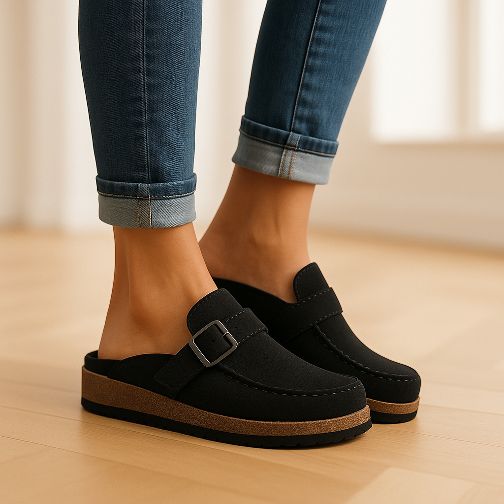 Women's Summer Slip-On Buckle Mules with Cork Footbed