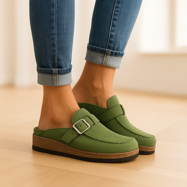 Women's Summer Slip-On Buckle Mules with Cork Footbed