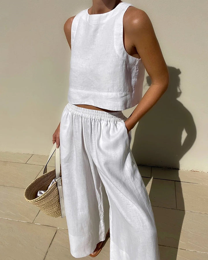 Women's Linen-Look Set Cropped Singlet and Wide Leg Pants