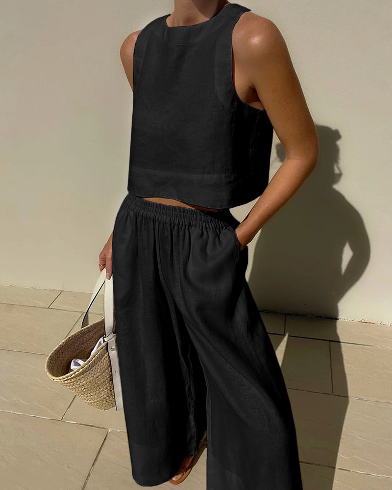 Women's Linen-Look Set Cropped Singlet and Wide Leg Pants
