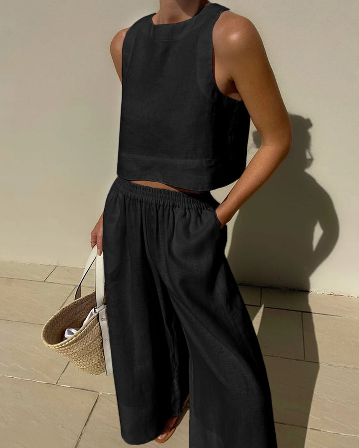 Women's Linen-Look Set Cropped Singlet and Wide Leg Pants