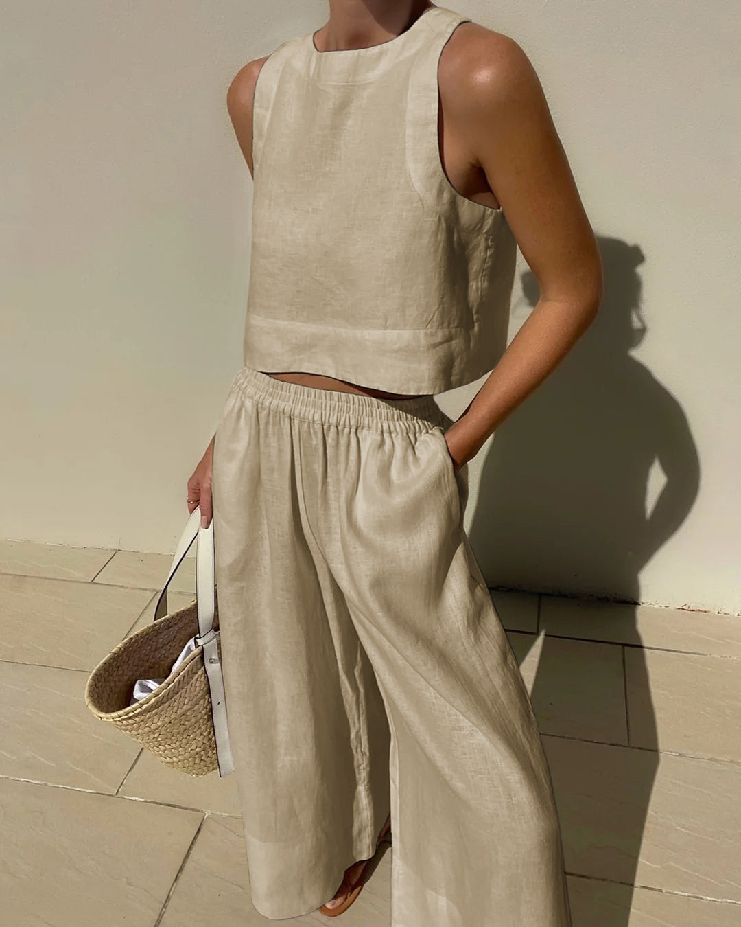 Women's Linen-Look Set Cropped Singlet and Wide Leg Pants