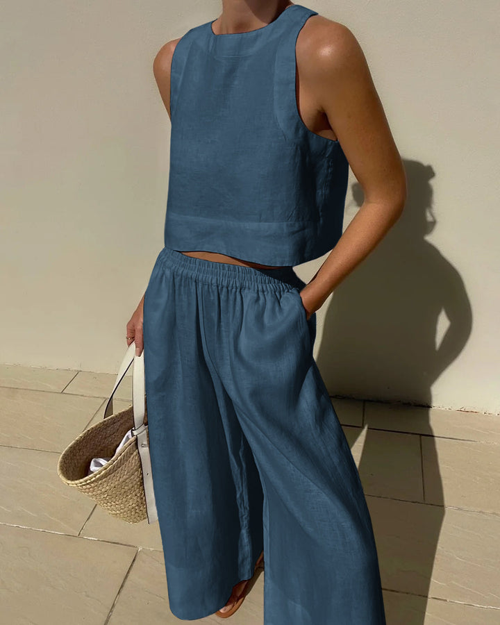 Women's Linen-Look Set Cropped Singlet and Wide Leg Pants