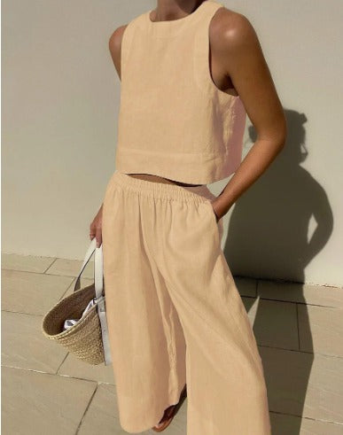 Women's Linen-Look Set Cropped Singlet and Wide Leg Pants