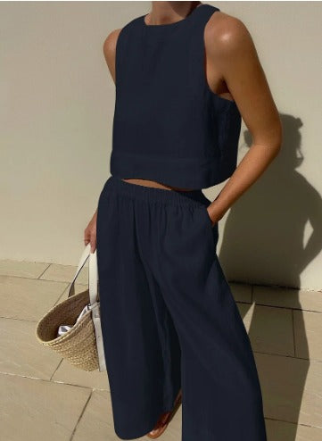 Women's Linen-Look Set Cropped Singlet and Wide Leg Pants
