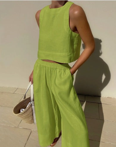 Women's Linen-Look Set Cropped Singlet and Wide Leg Pants