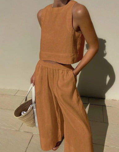 Women's Linen-Look Set Cropped Singlet and Wide Leg Pants
