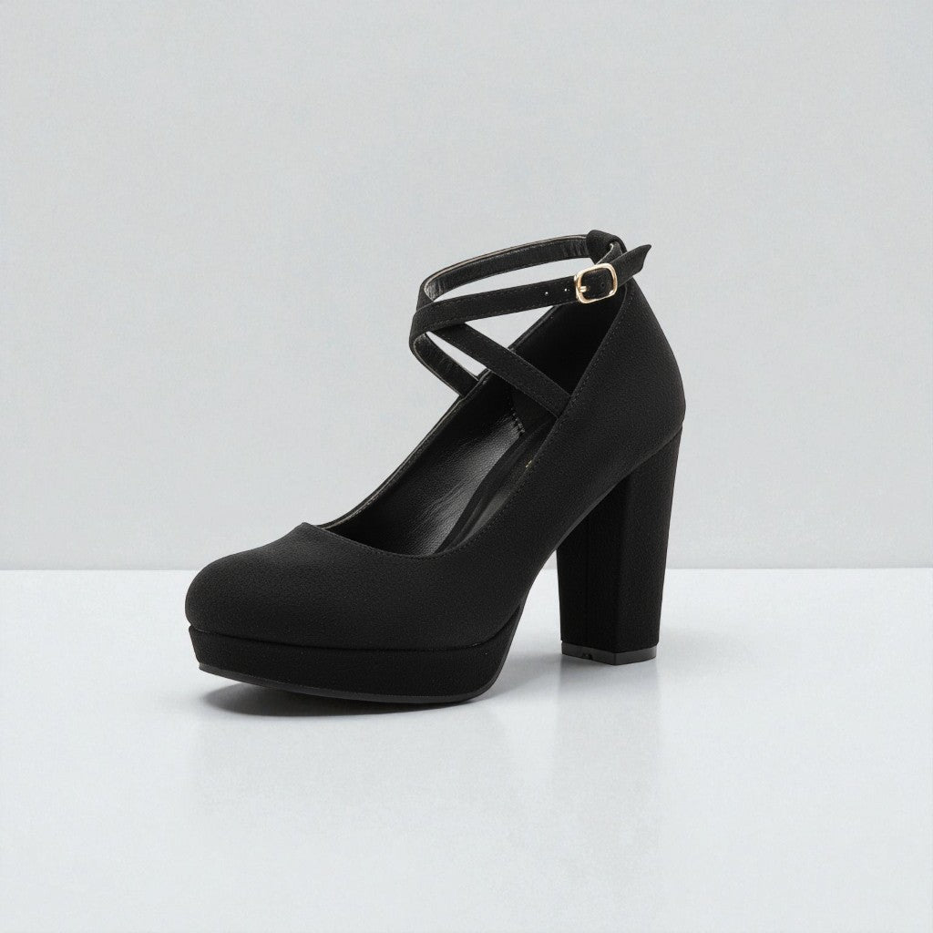 Women's Party Cross-Strap Platform Block Heels in Black