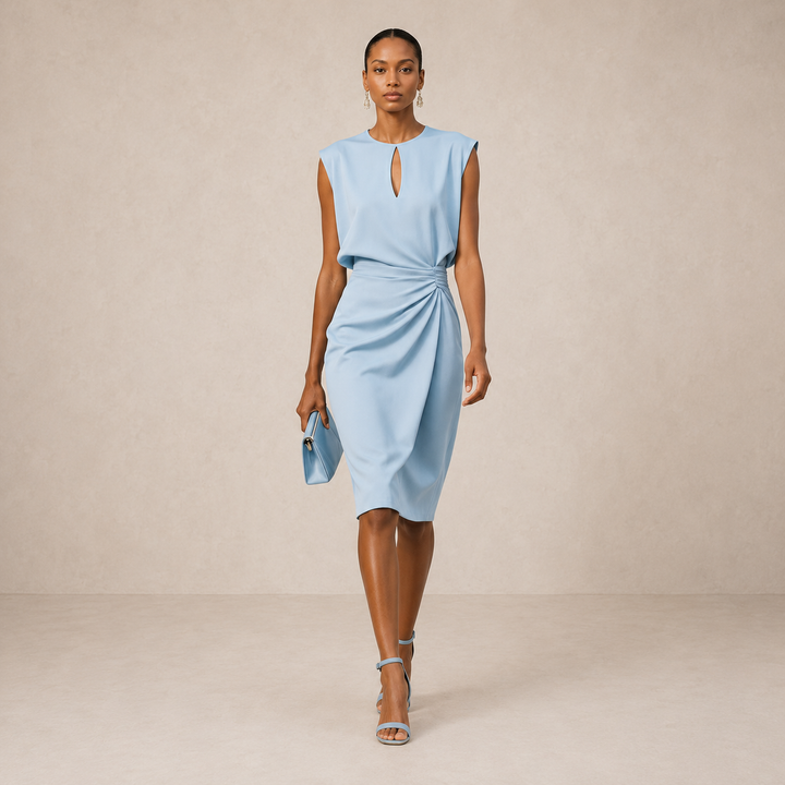 Women's Sleeveless Ruched Keyhole Wedding Guest Midi Dress