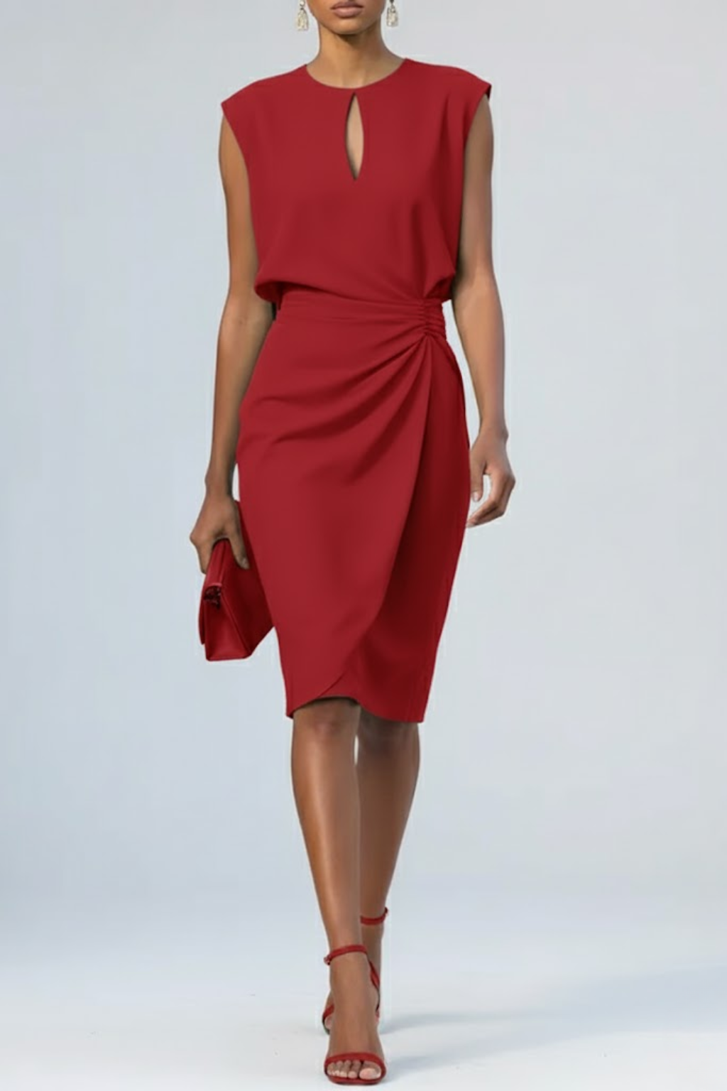Women's Sleeveless Ruched Keyhole Wedding Guest Midi Dress