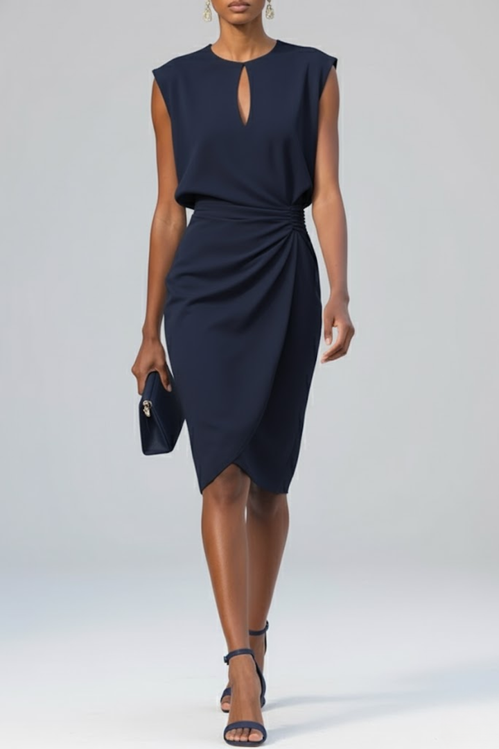 Women's Sleeveless Ruched Keyhole Wedding Guest Midi Dress