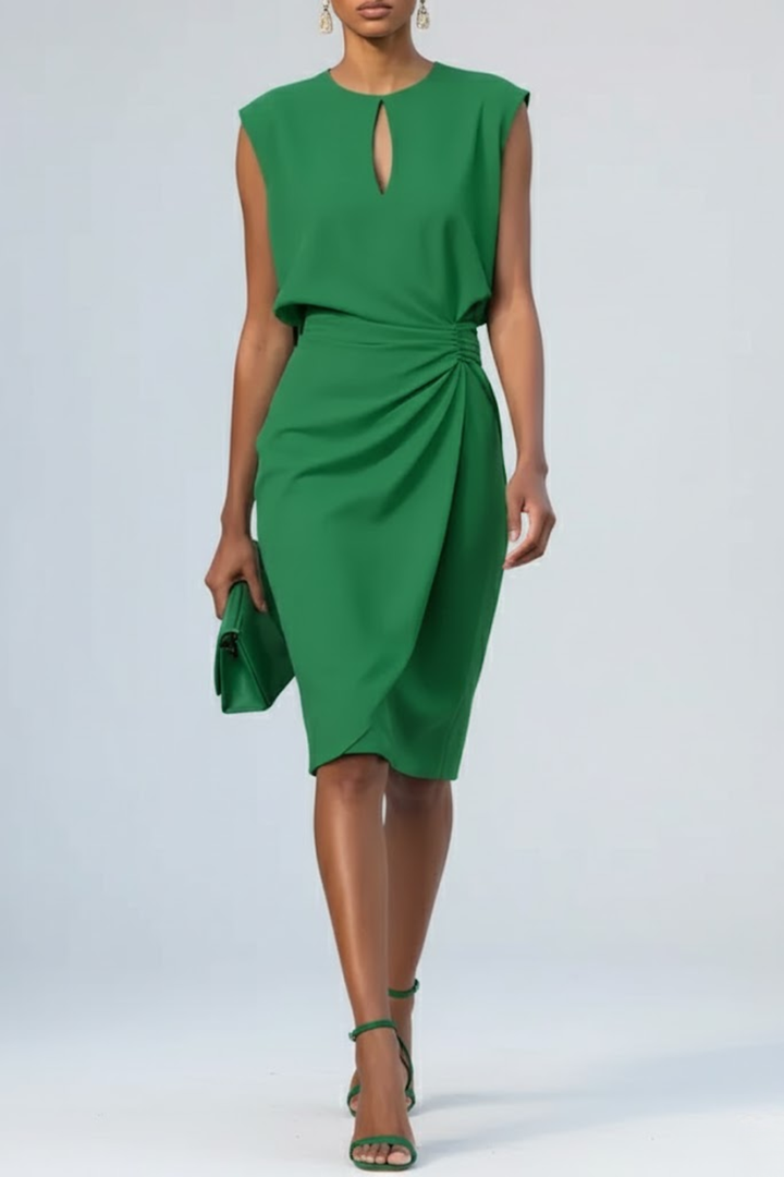 Women's Sleeveless Ruched Keyhole Wedding Guest Midi Dress