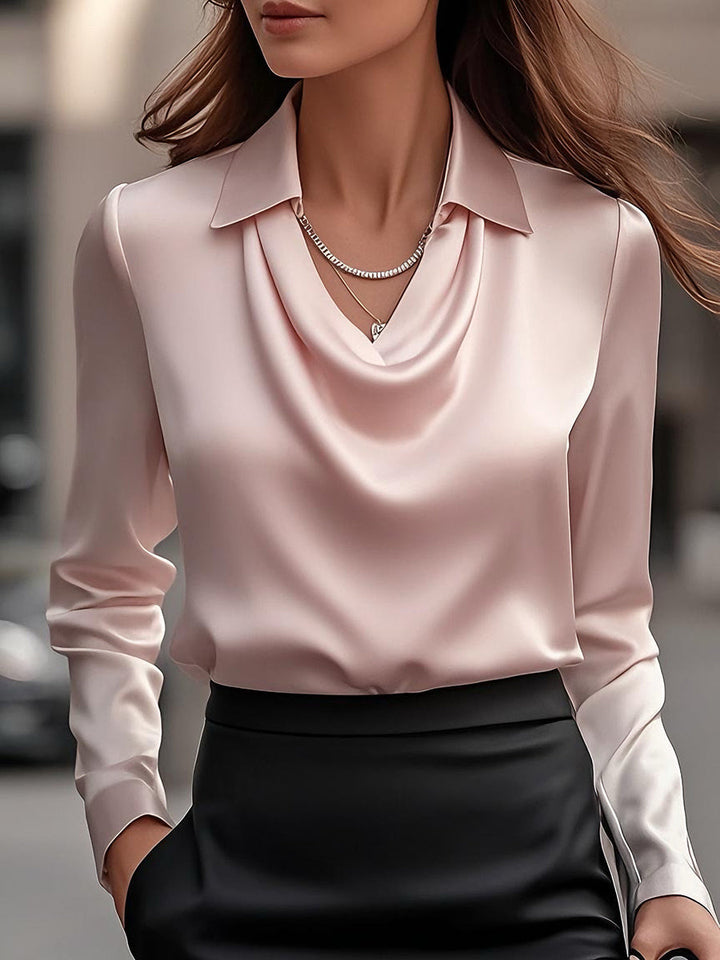 Women's Satin Draped Neck Collared Blouse