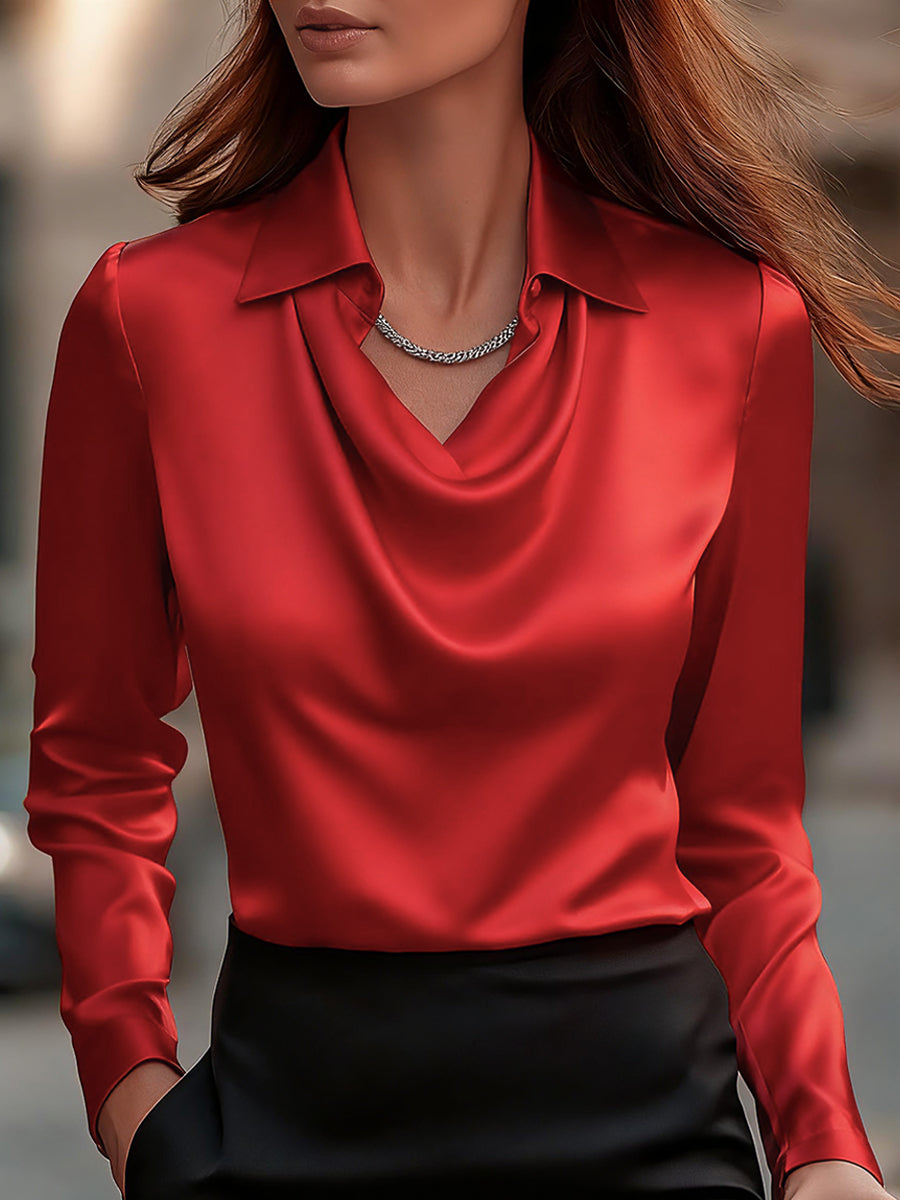Women's Satin Draped Neck Collared Blouse