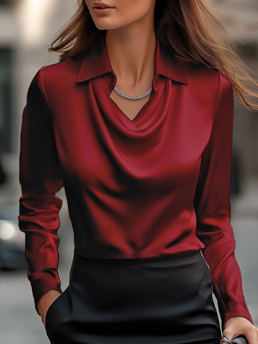 Women's Satin Draped Neck Collared Blouse