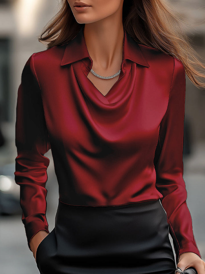 Women's Satin Draped Neck Collared Blouse