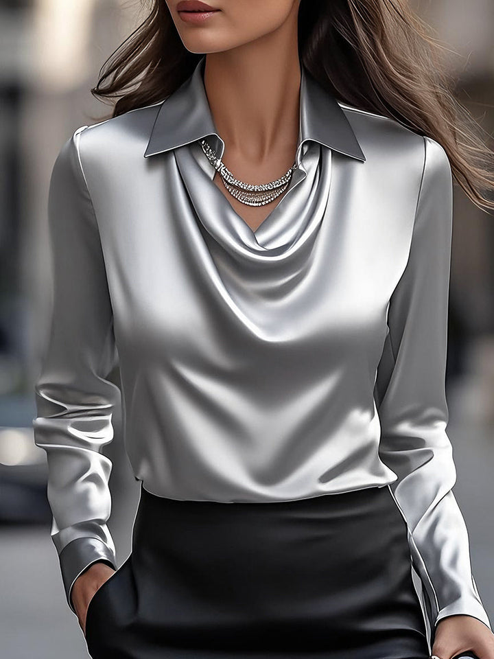 Women's Satin Draped Neck Collared Blouse