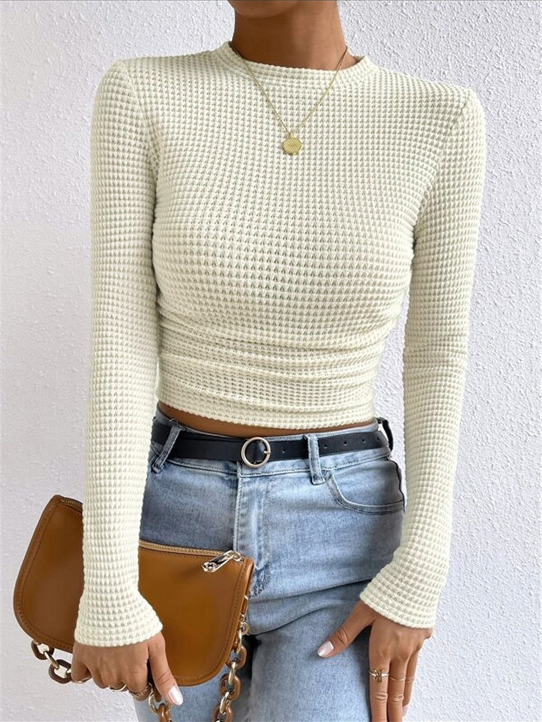 Women's Lightweight Waffle Knit Long Sleeve Crop Top