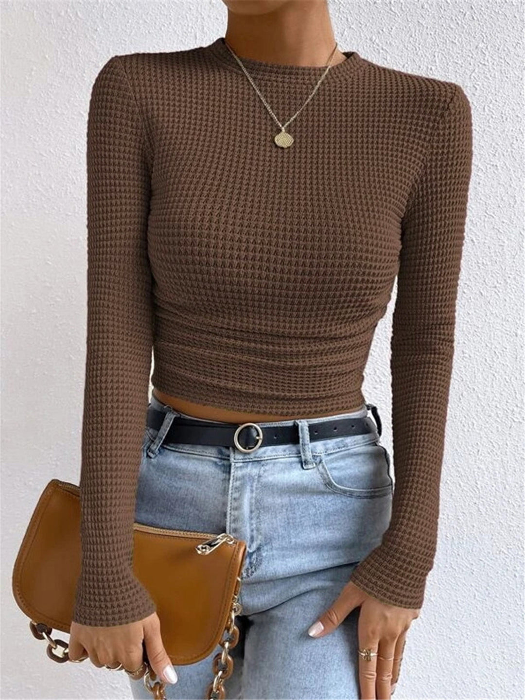 Women's Lightweight Waffle Knit Long Sleeve Crop Top