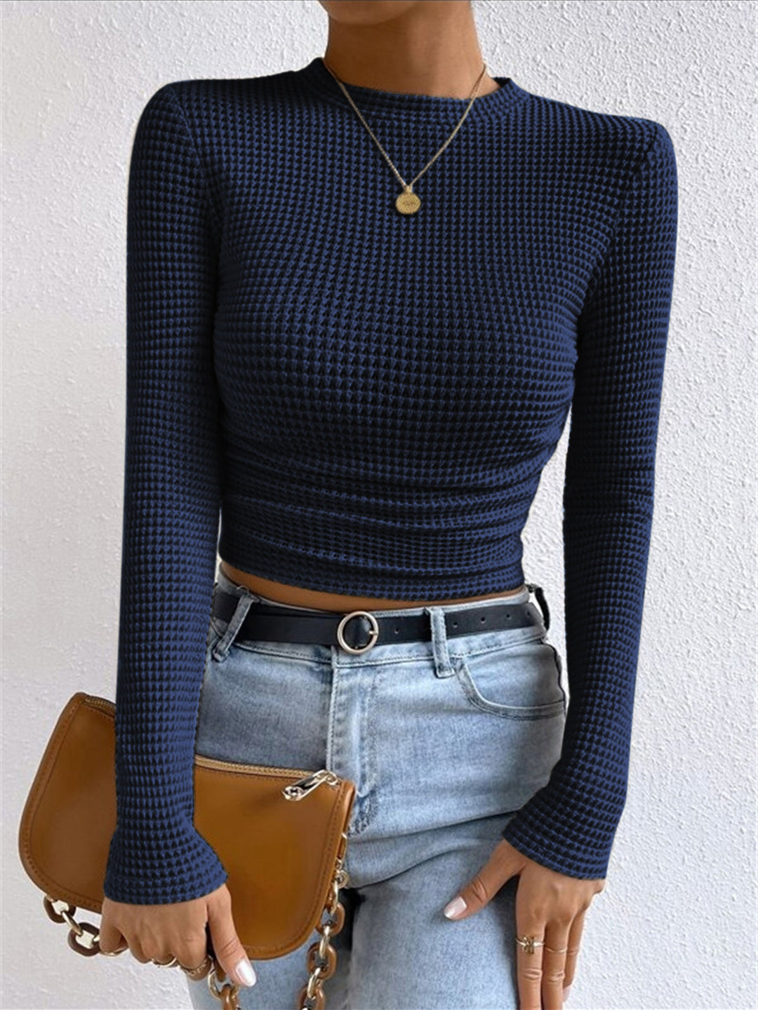 Women's Lightweight Waffle Knit Long Sleeve Crop Top