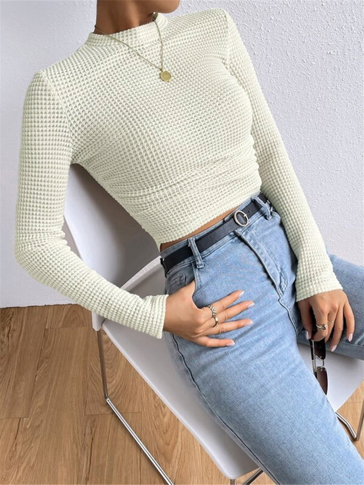 Women's Lightweight Waffle Knit Long Sleeve Crop Top