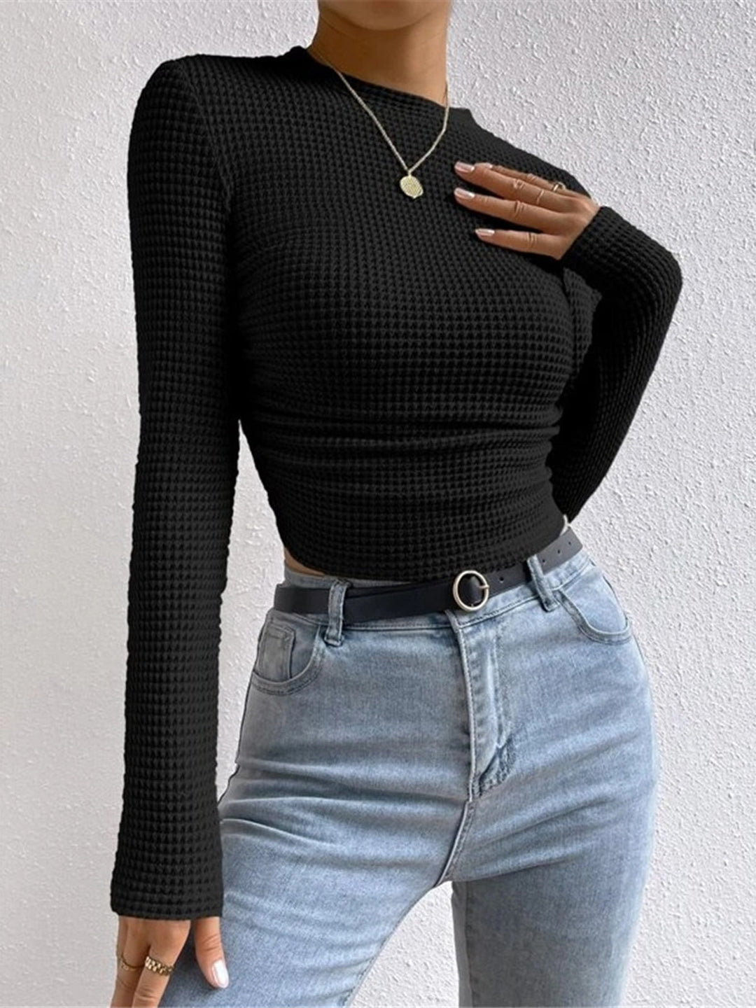 Women's Lightweight Waffle Knit Long Sleeve Crop Top