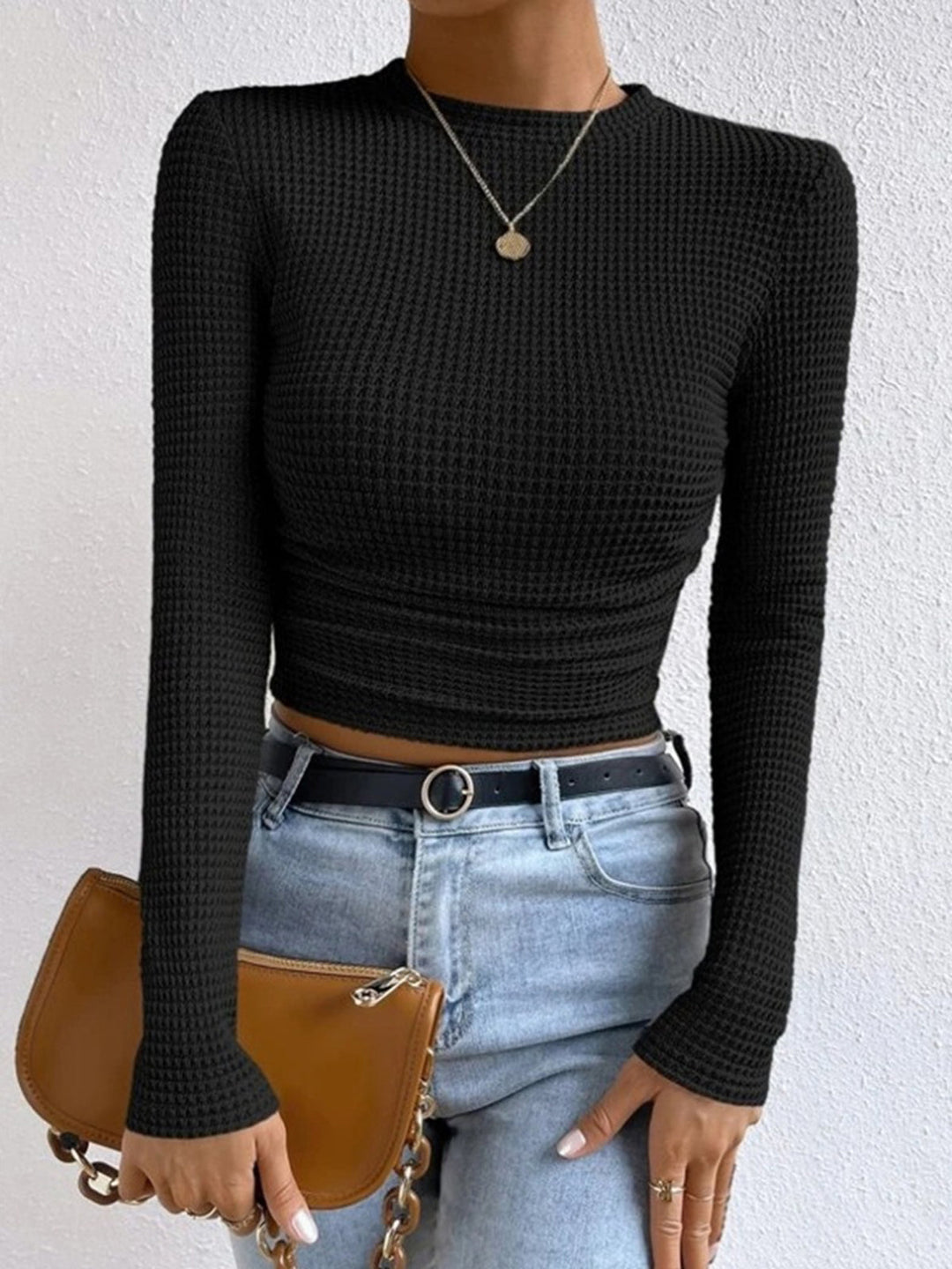 Women's Lightweight Waffle Knit Long Sleeve Crop Top