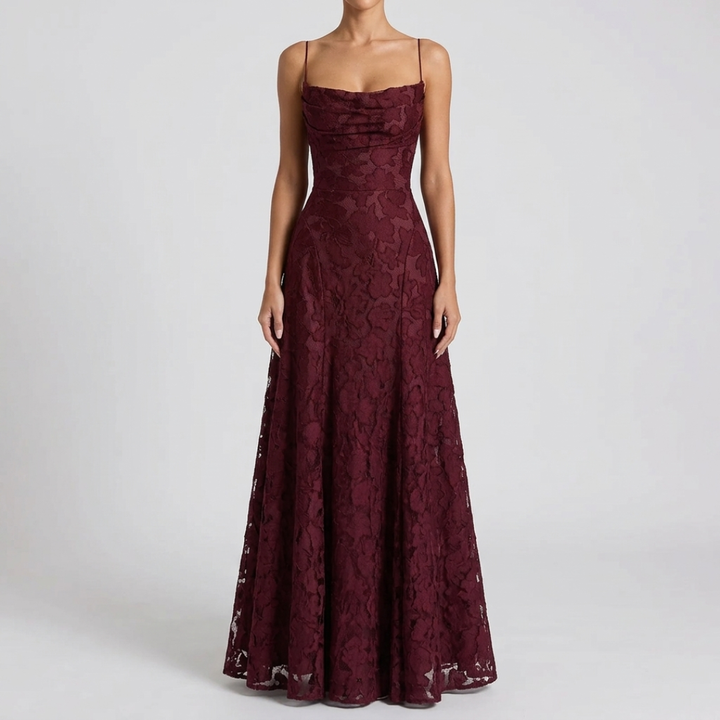 Women's Lace Open-Back Formal Maxi Dress with Cowl Neck