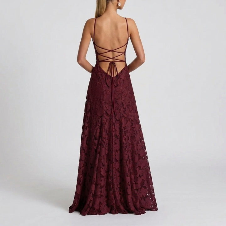 Women's Lace Open-Back Formal Maxi Dress with Cowl Neck