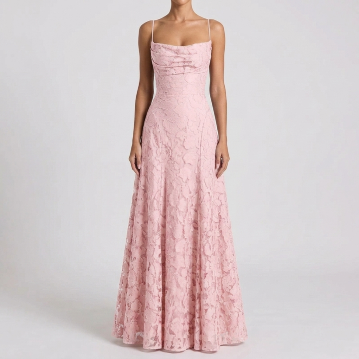 Women's Lace Open-Back Formal Maxi Dress with Cowl Neck