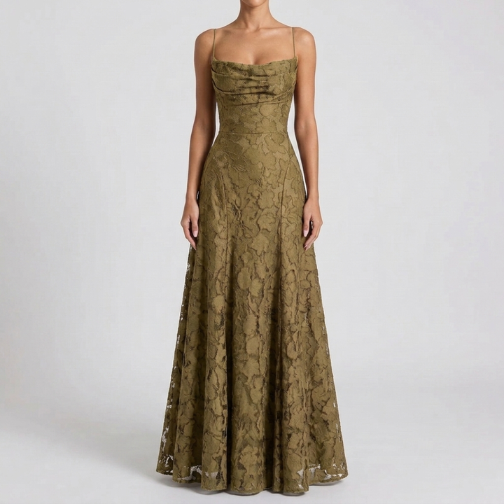 Women's Lace Open-Back Formal Maxi Dress with Cowl Neck