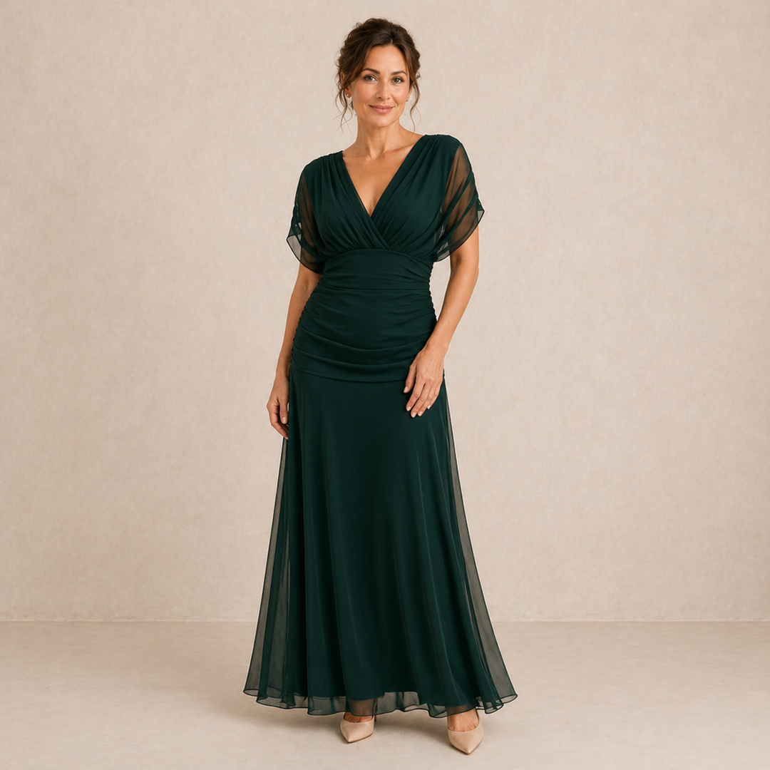 Women's Sheer Chiffon Ruched V-Neck Bridesmaid Maxi Dress