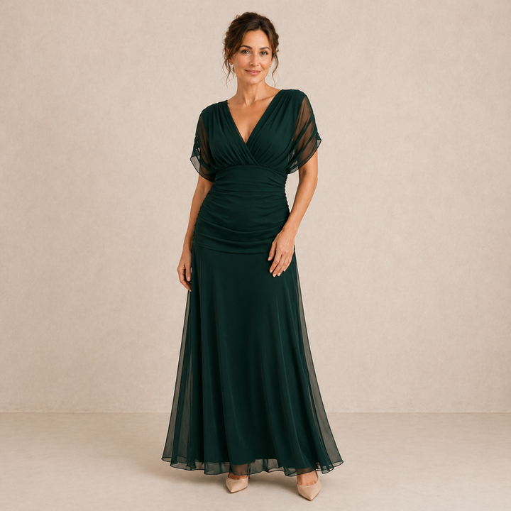 Women's Sheer Chiffon Ruched V-Neck Bridesmaid Maxi Dress