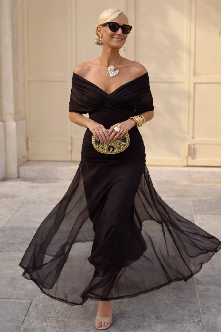 Women's Sheer Chiffon Ruched V-Neck Bridesmaid Maxi Dress