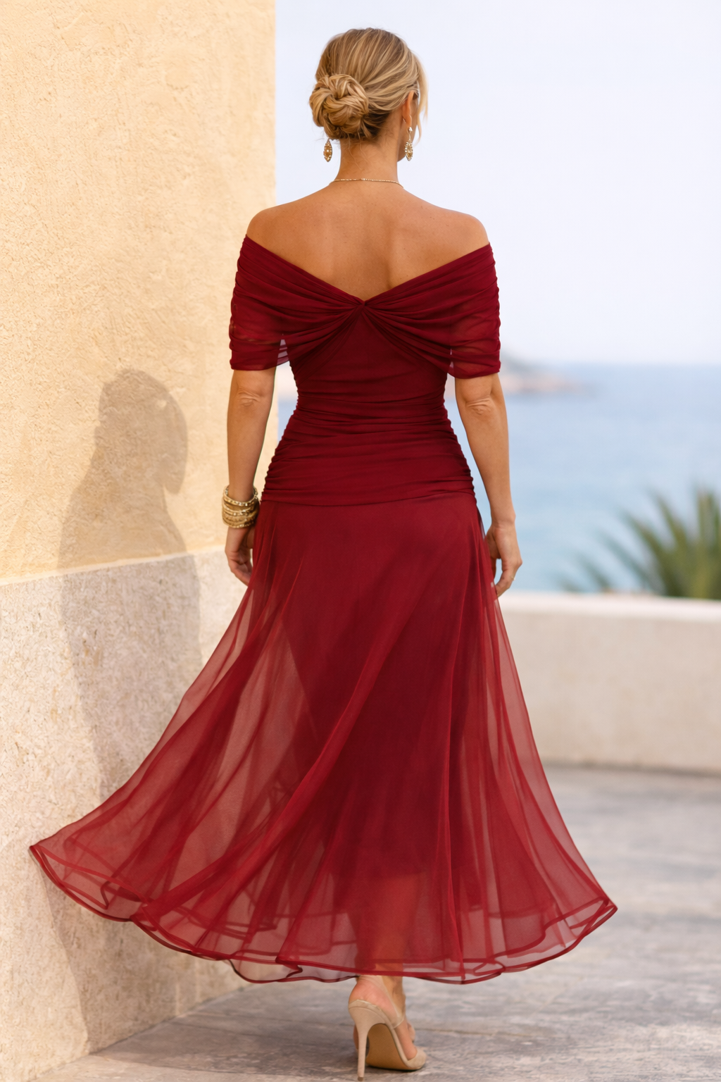 Women's Sheer Chiffon Ruched V-Neck Bridesmaid Maxi Dress