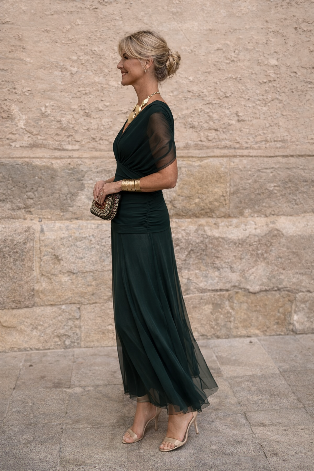 Women's Sheer Chiffon Ruched V-Neck Bridesmaid Maxi Dress