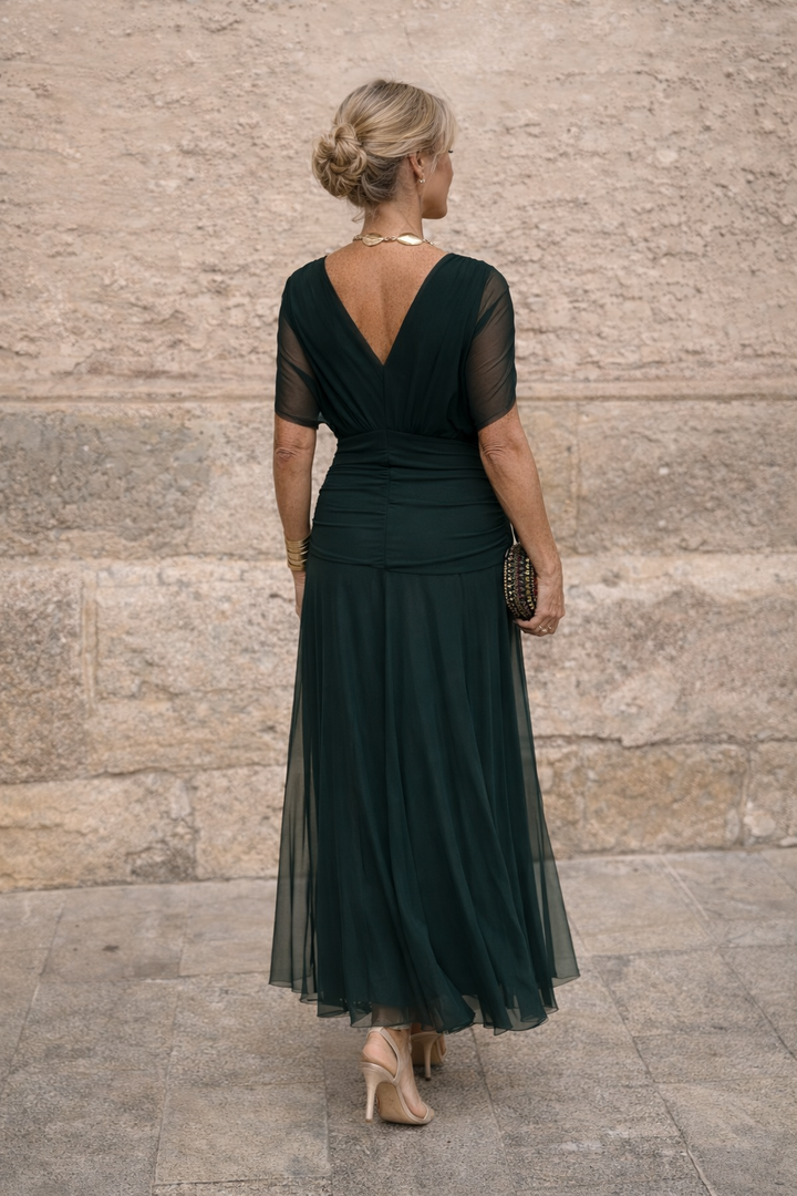 Women's Sheer Chiffon Ruched V-Neck Bridesmaid Maxi Dress