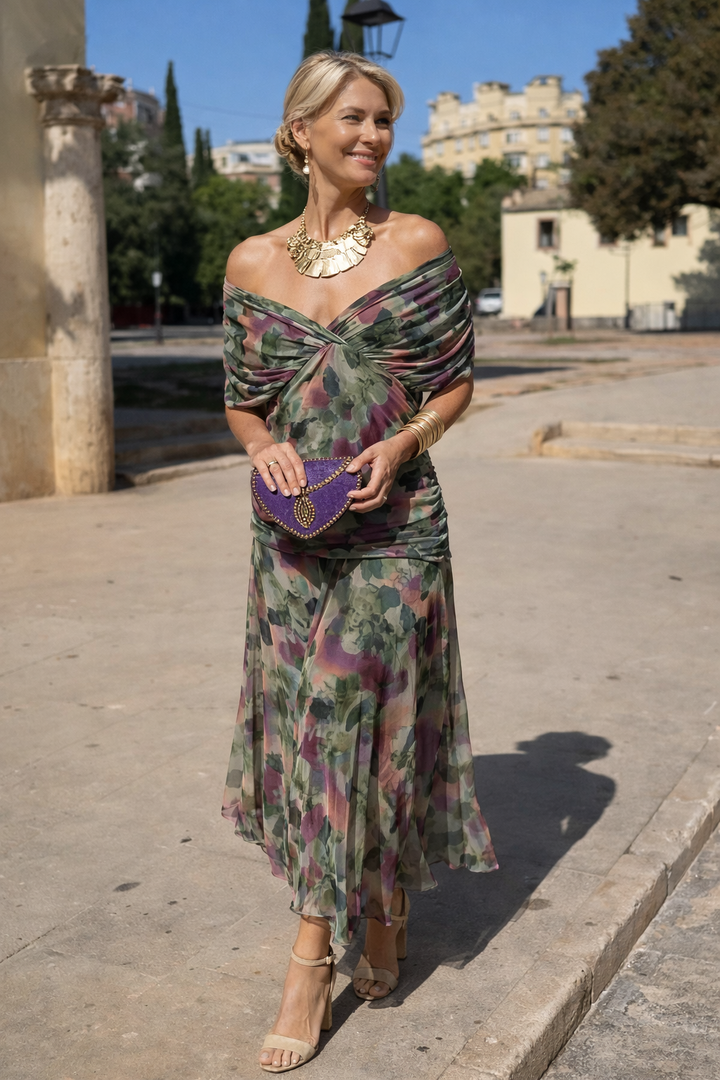 Women's Sheer Chiffon Ruched V-Neck Bridesmaid Maxi Dress