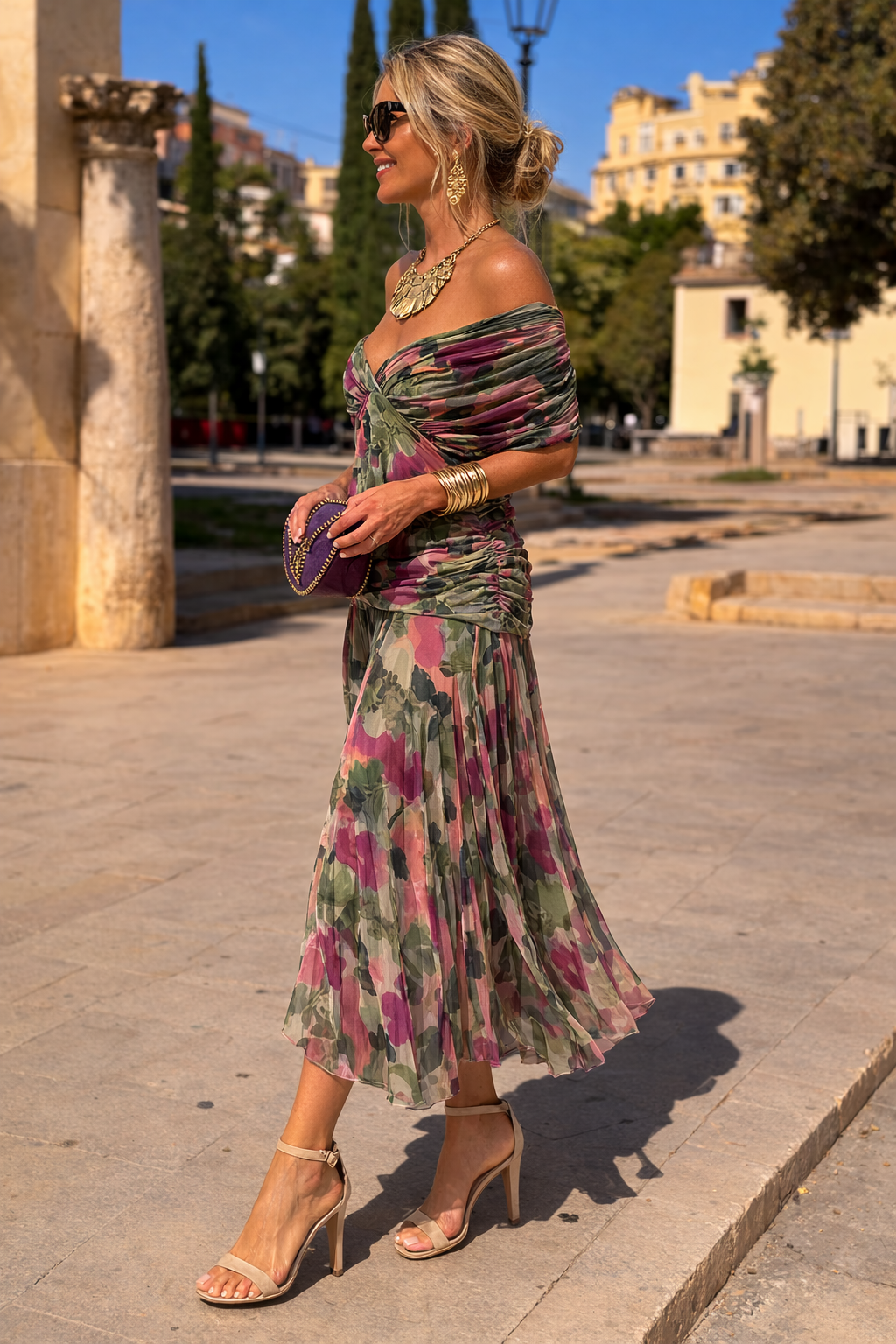 Women's Sheer Chiffon Ruched V-Neck Bridesmaid Maxi Dress