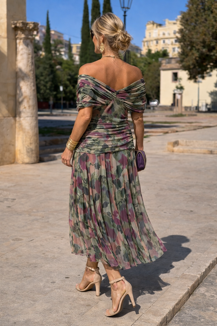 Women's Sheer Chiffon Ruched V-Neck Bridesmaid Maxi Dress