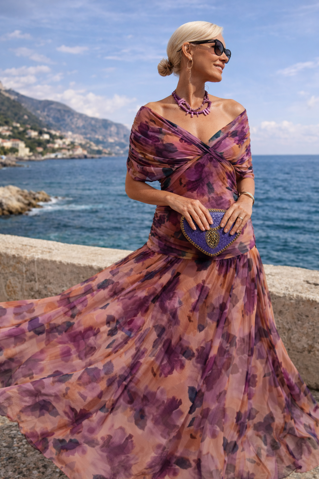 Women's Sheer Chiffon Ruched V-Neck Bridesmaid Maxi Dress