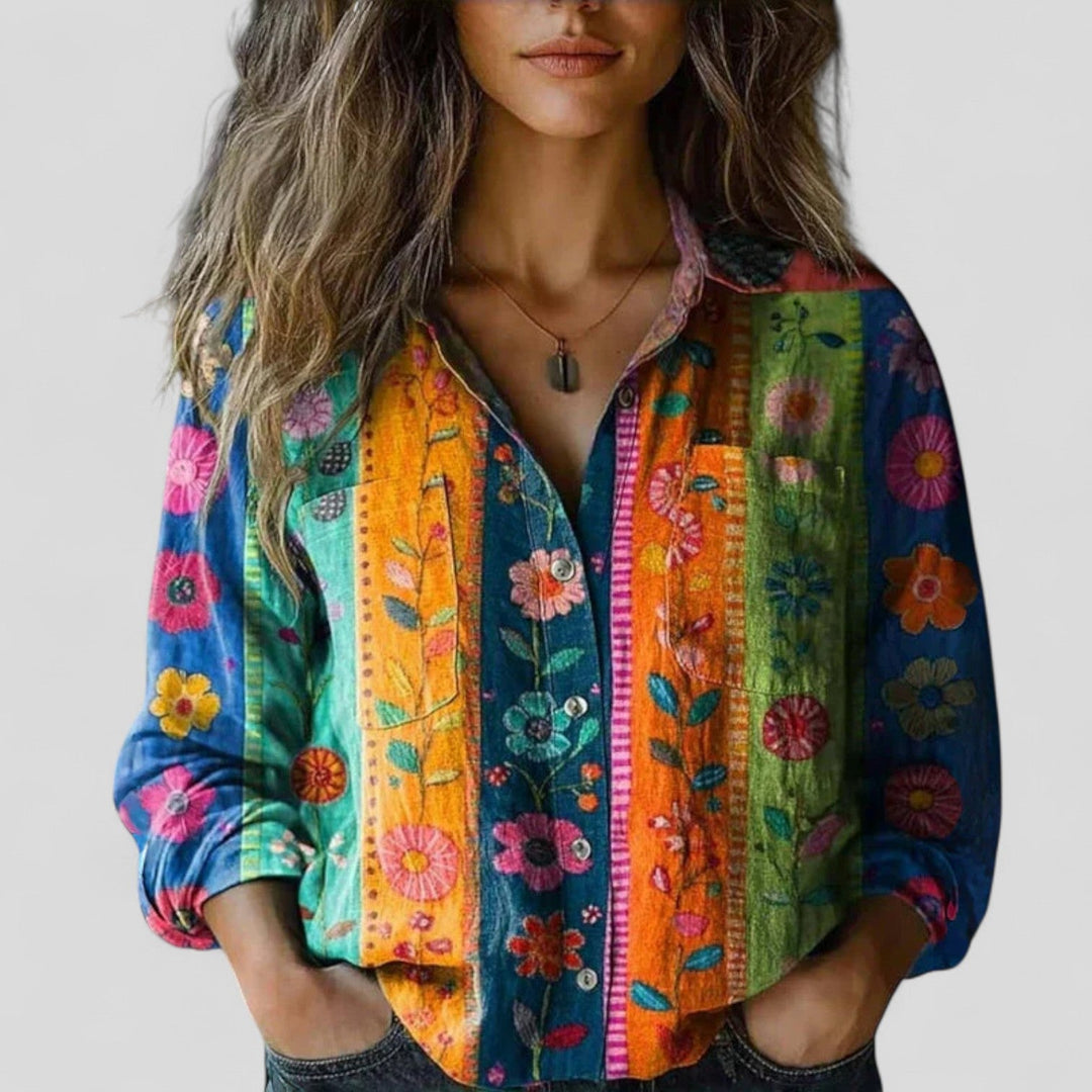Women's Linen-Look Gradient Print Button-Front Blouse