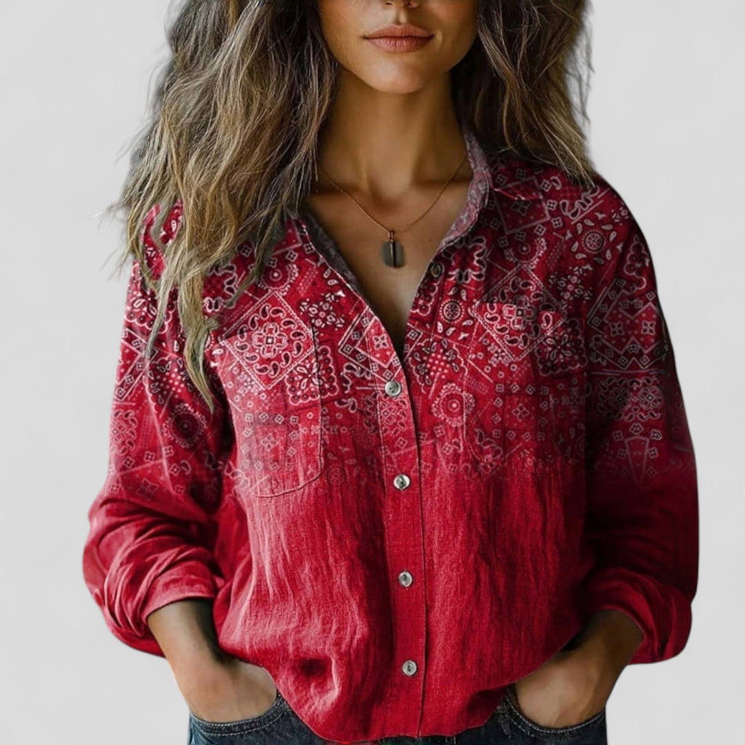 Women's Linen-Look Gradient Print Button-Front Blouse