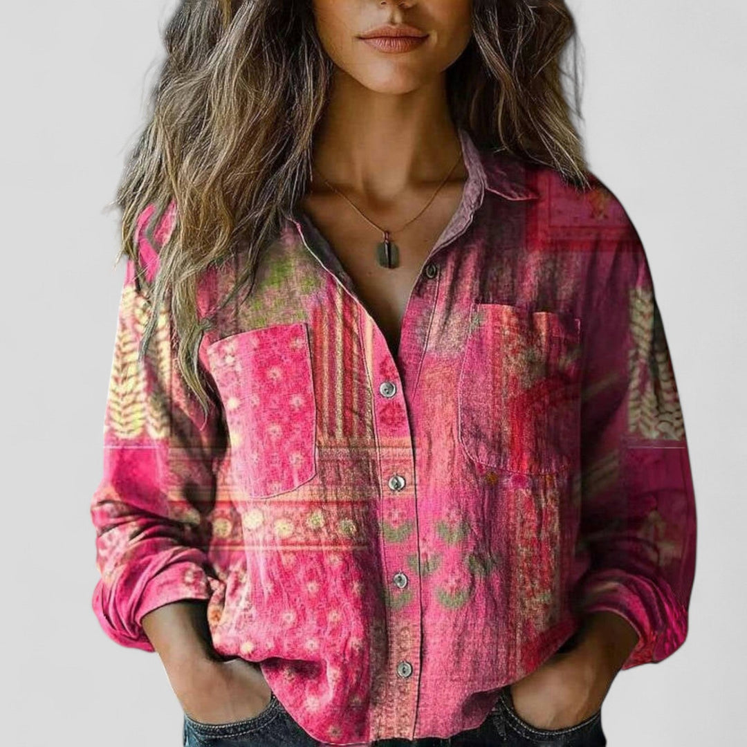 Women's Linen-Look Gradient Print Button-Front Blouse
