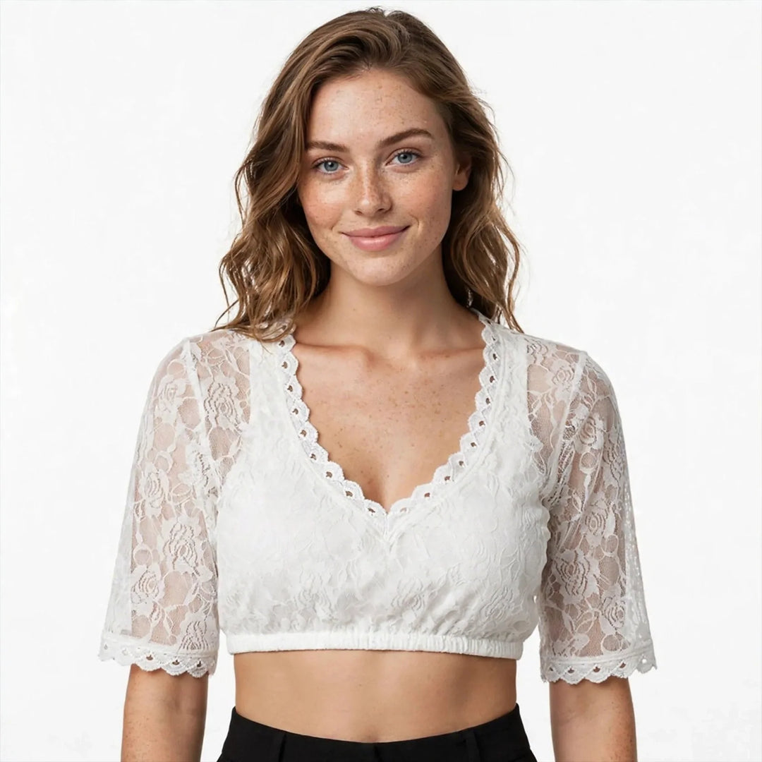 Women's Sheer Lace Scalloped V-Neck Crop Top in White