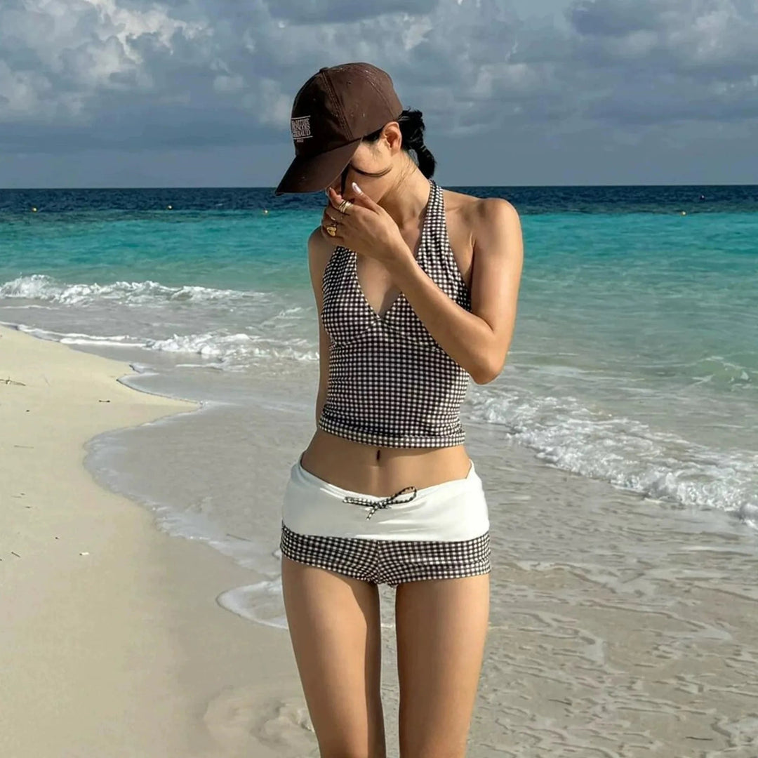 Women's Gingham Halter Tankini Top with Contrast Waistband