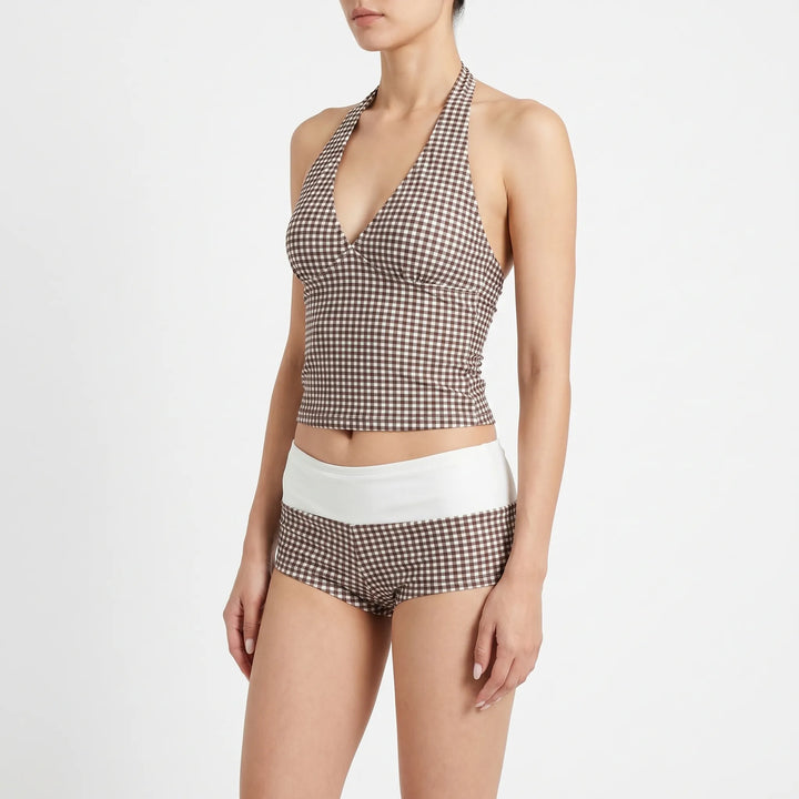 Women's Gingham Halter Tankini Top with Contrast Waistband