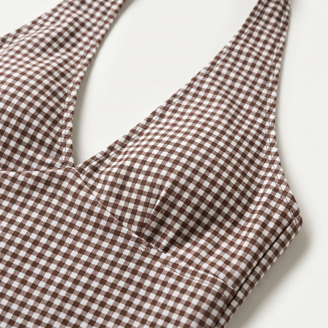 Women's Gingham Halter Tankini Top with Contrast Waistband
