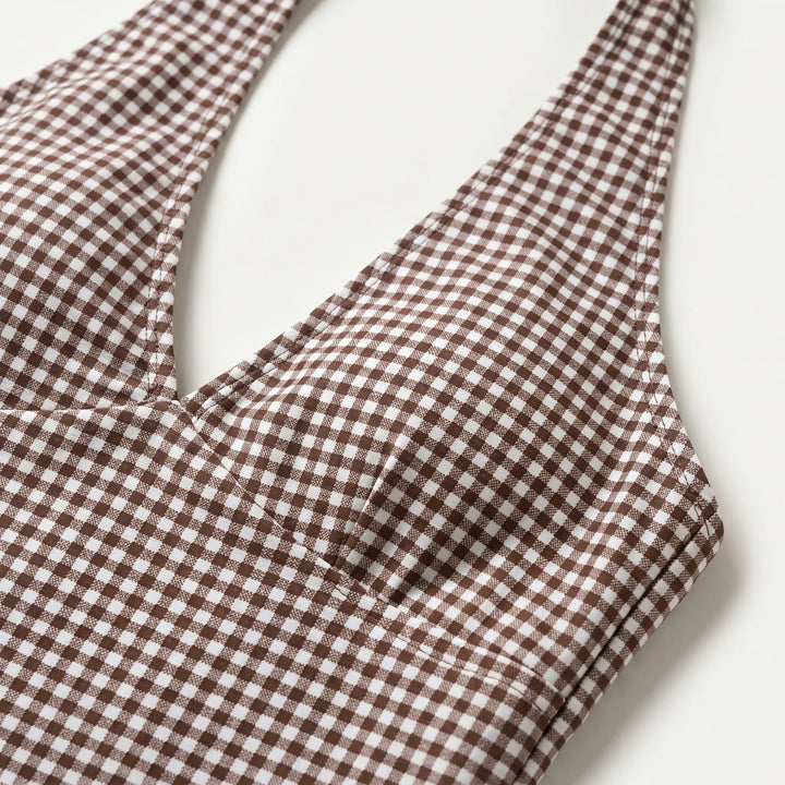 Women's Gingham Halter Tankini Top with Contrast Waistband